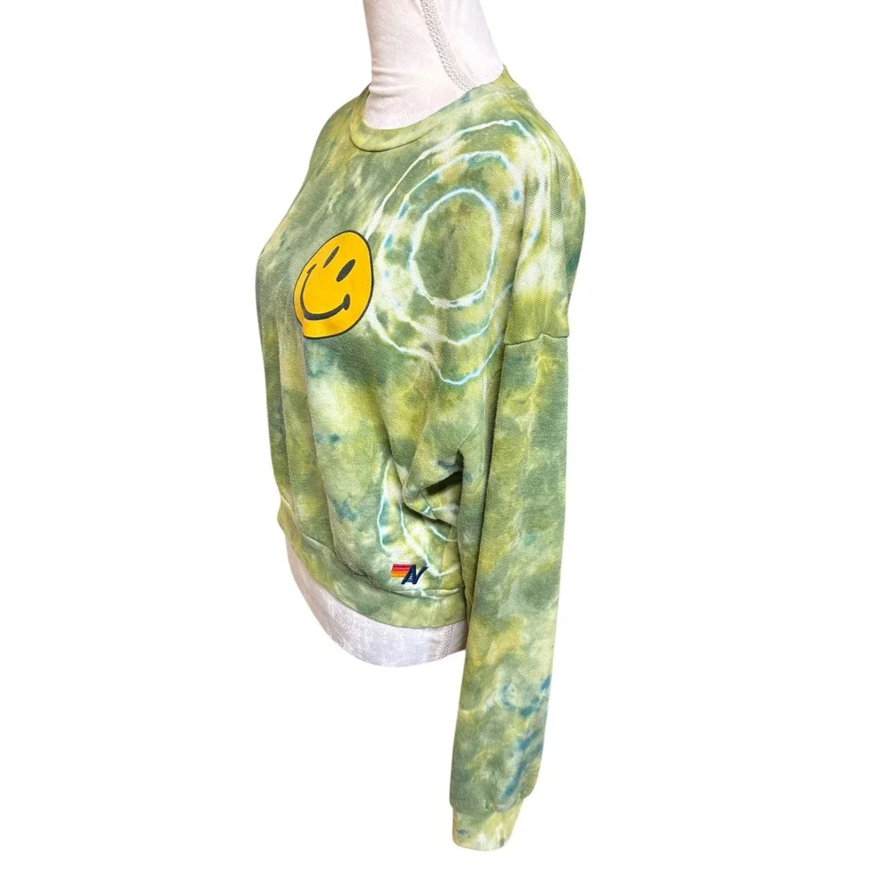 Aviator Nation Women's Green Hand Dyed Smiley 2 Crew Sweatshirt -‎ XS
